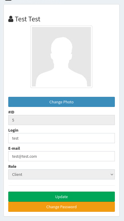 User profile showing Role: Client