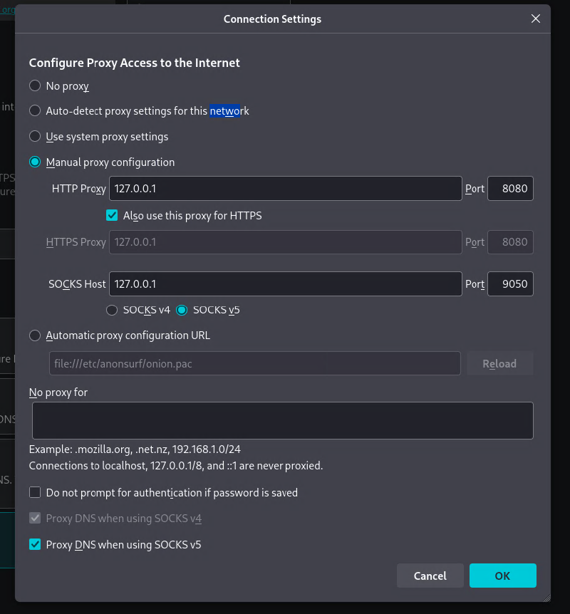 Firefox proxy configuration