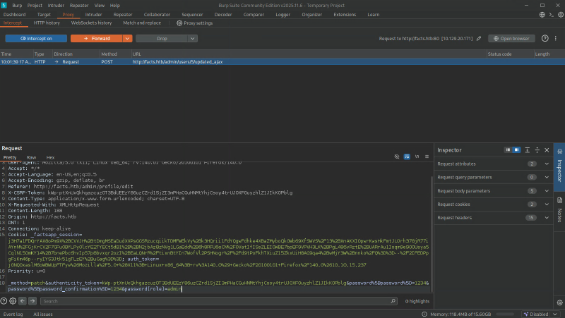 Intercepted request in Burp Suite with the role parameter injected