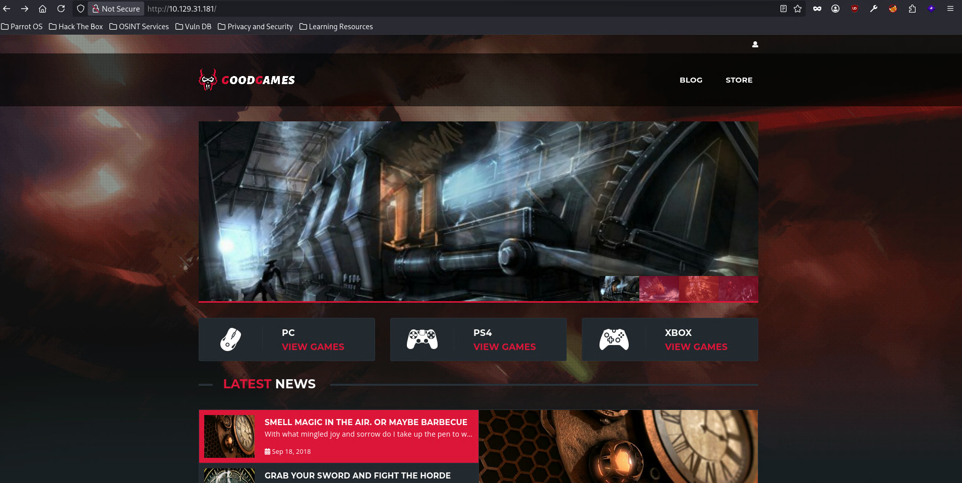 GoodGames main page with BLOG / STORE menu