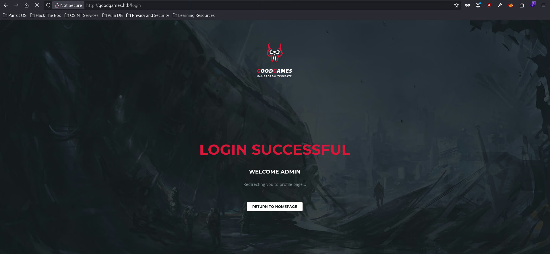 LOGIN SUCCESSFUL screen after the SQLi payload — logged in as admin
