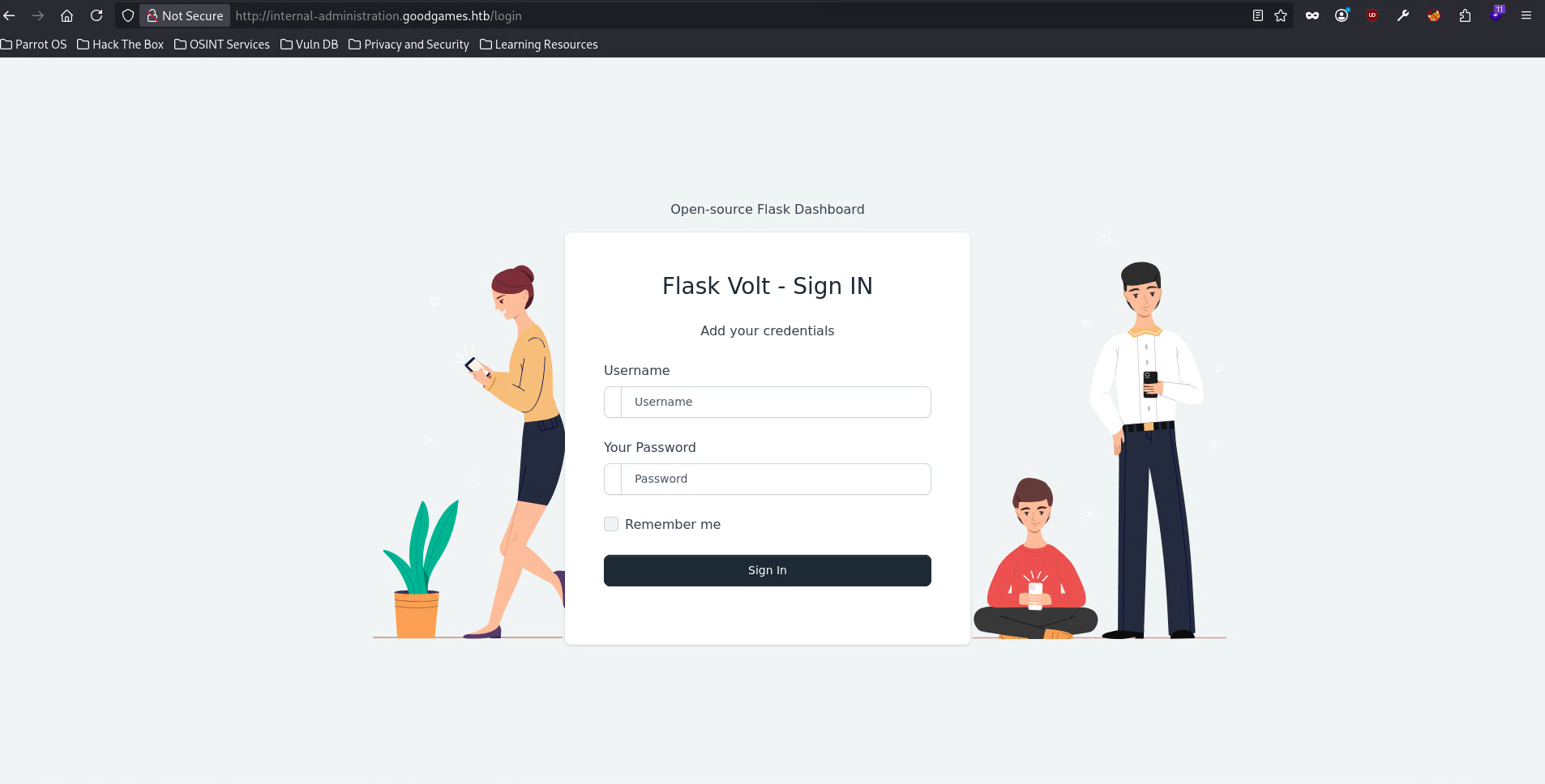 Flask Volt Dashboard login at internal-administration.goodgames.htb