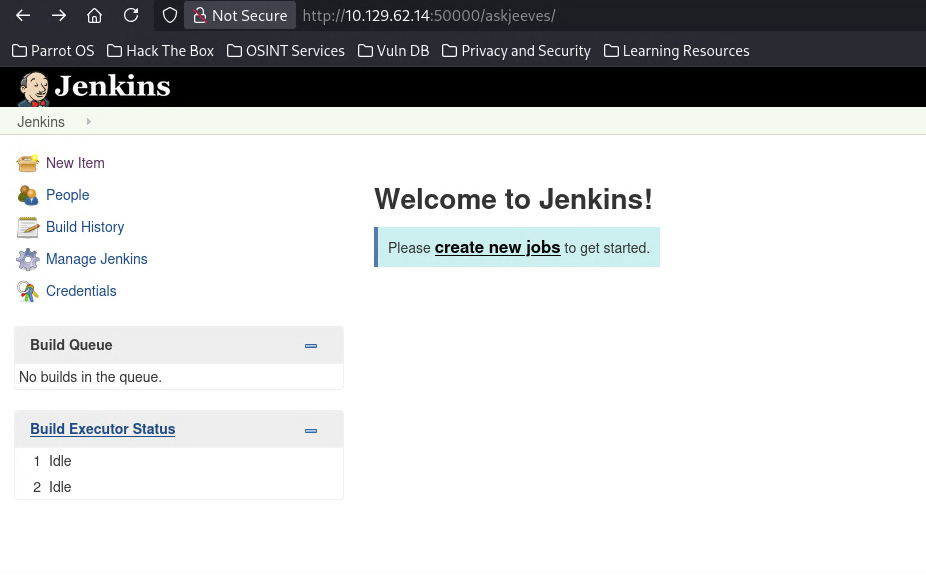 Jenkins dashboard at /askjeeves — fully accessible without authentication