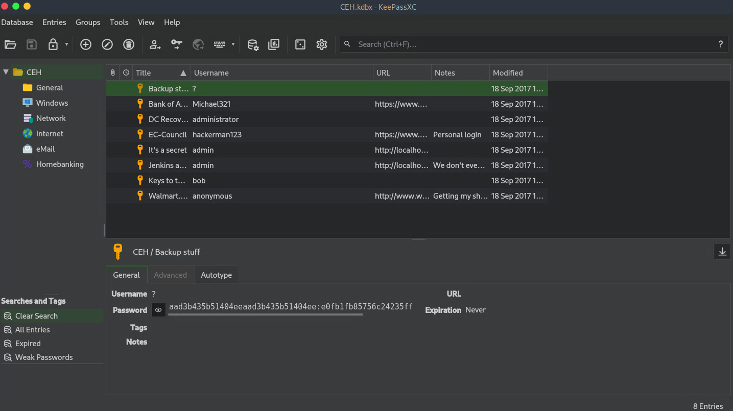 KeePassXC showing the Backup stuff entry with the Administrator NTLM hash