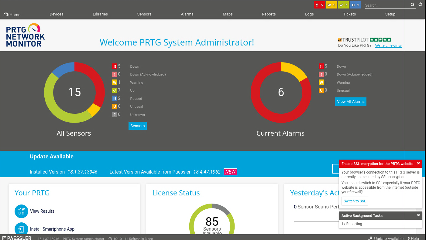 PRTG dashboard after successful login as administrator