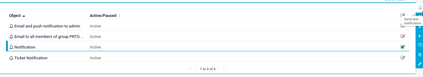 Notifications list with the Send test notification icon highlighted
