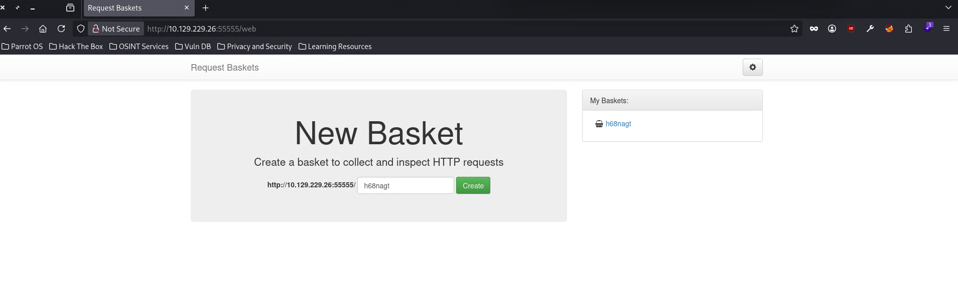 Request Baskets — basket creation main screen