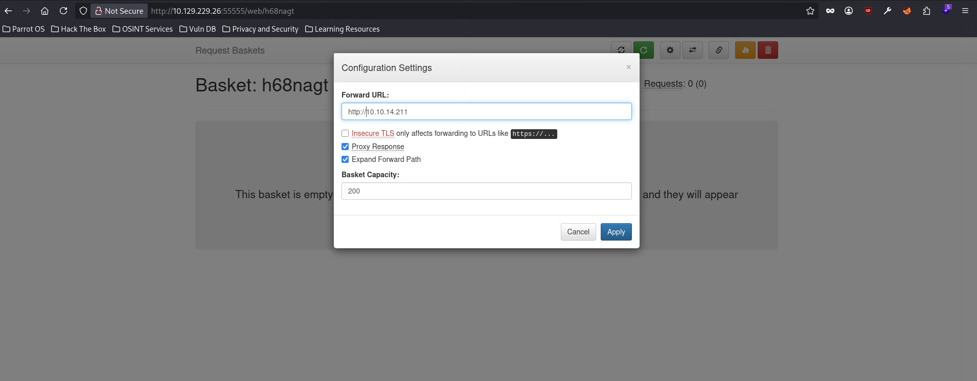 Basket configuration pointing to our VPN IP to confirm SSRF