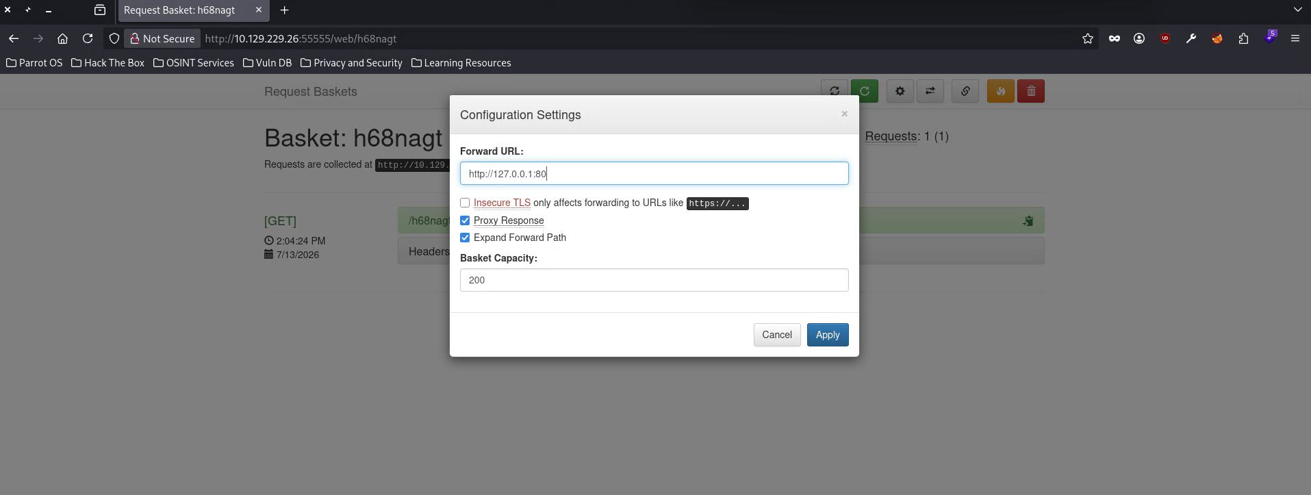 Basket configuration pointing to 127.0.0.1:80 to pivot to the internal service